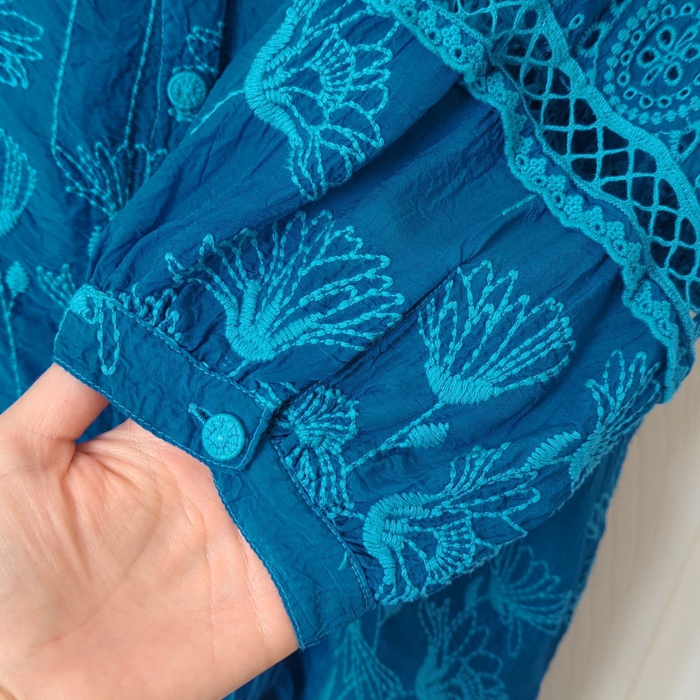 Johnny Was Daisy Peia Boho Floral Embroidered Cupra Rayon Tunic Blouse Blue S - Picture 9 of 12
